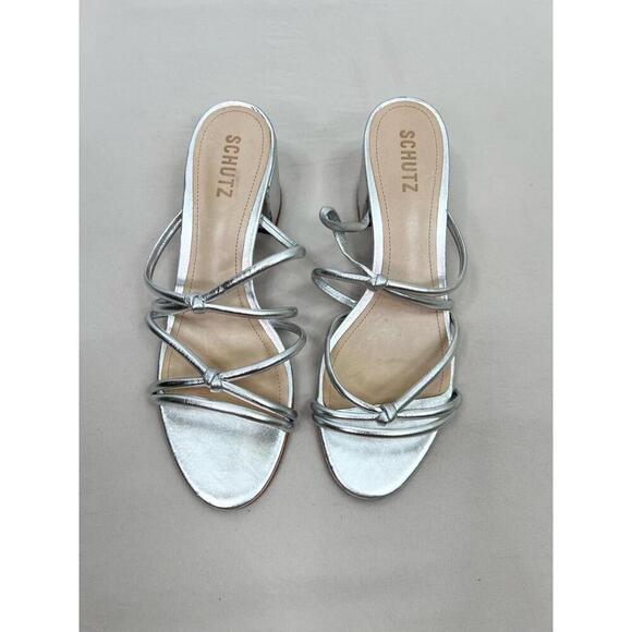 Schutz Silver Strappy Design Block Heel Open Toe Sandal Leather Womens Size 8.5B - Picture 2 of 13
